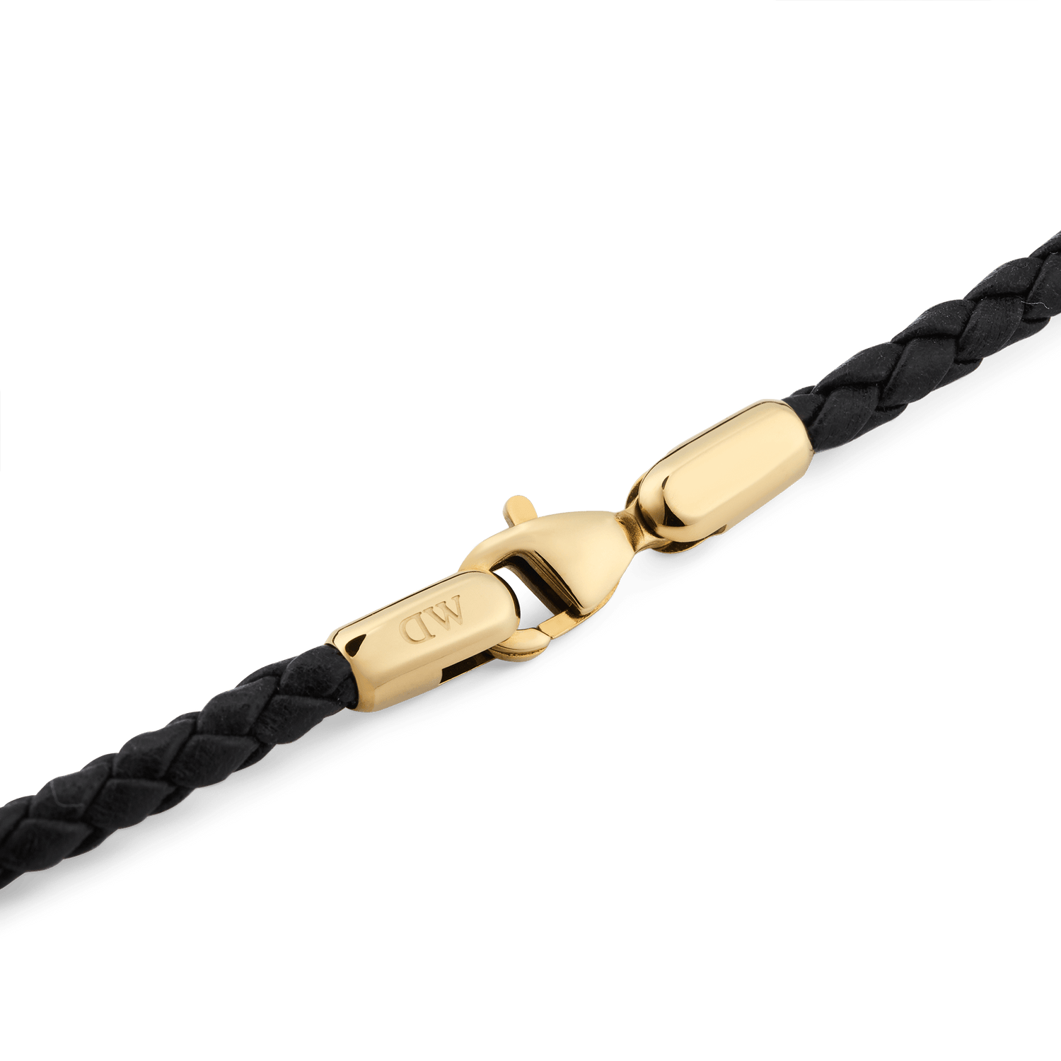 Detail view of the Daniel Braided Leather Bracelet Sheffield 2.8 Gold, showing the slim black braided leather band with a polished gold-tone lobster clasp engraved with the DW logo.