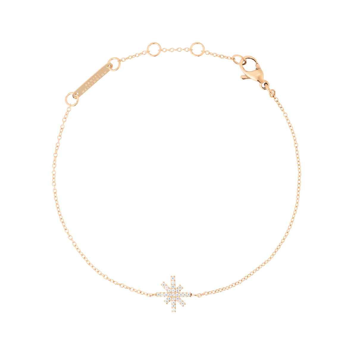 Delicate rose gold bracelet featuring a fine adjustable chain and a star-shaped charm set with sparkling white cubic zirconia crystals, finished with a secure lobster clasp.