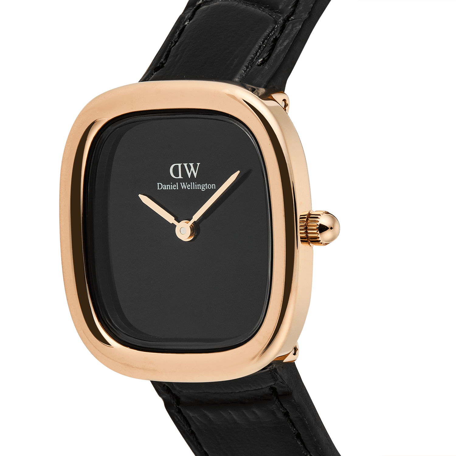 Close-up of the Margot Reading Onyx Ceramic Rose Gold watch, showcasing its square rose gold case, minimalist black onyx ceramic dial without indices, and a genuine black croc leather strap. The polished rose gold hands and sleek design highlight its refined, contemporary style.