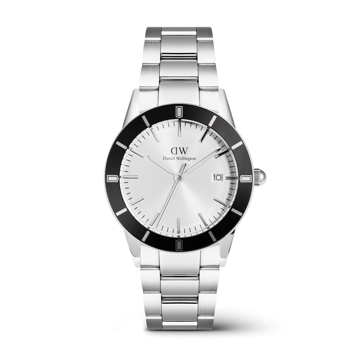 Men’s silver stainless steel watch with a black aluminium bezel, silver dial, minimalist index markings, and a polished three-link bracelet from Daniel Wellington.