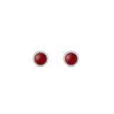 Red agate and silver stud earrings with sparkling cubic zirconia halo, elegant petite design, perfect for special occasions.