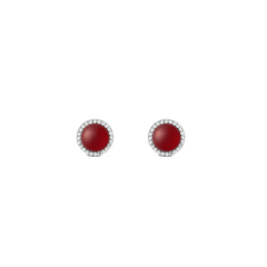 Red agate and silver stud earrings with sparkling cubic zirconia halo, elegant petite design, perfect for special occasions.