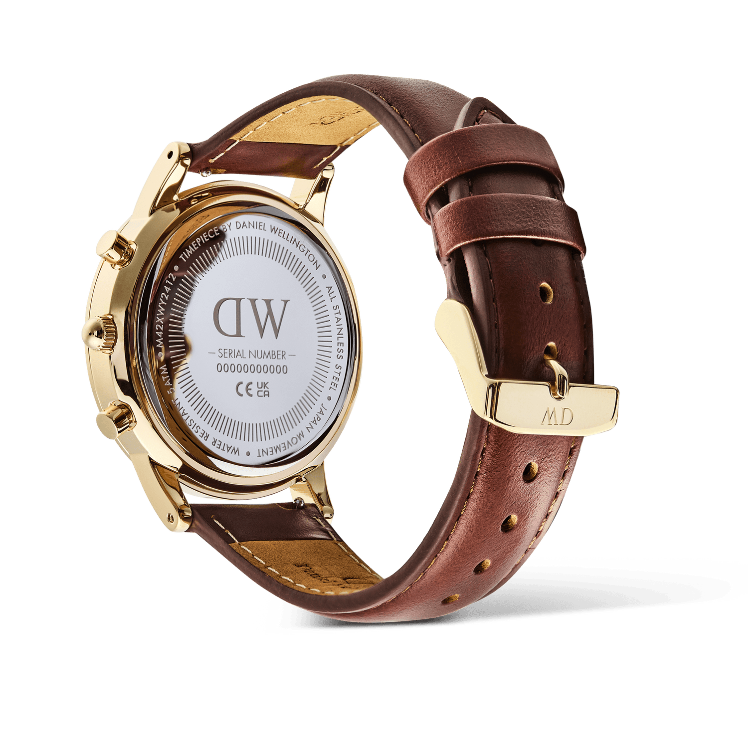 Rear view of the Daniel Wellington Iconic Chronograph St Mawes Arctic Panda Gold watch, showing the engraved stainless steel case back, gold pin buckle, and brown genuine leather strap.