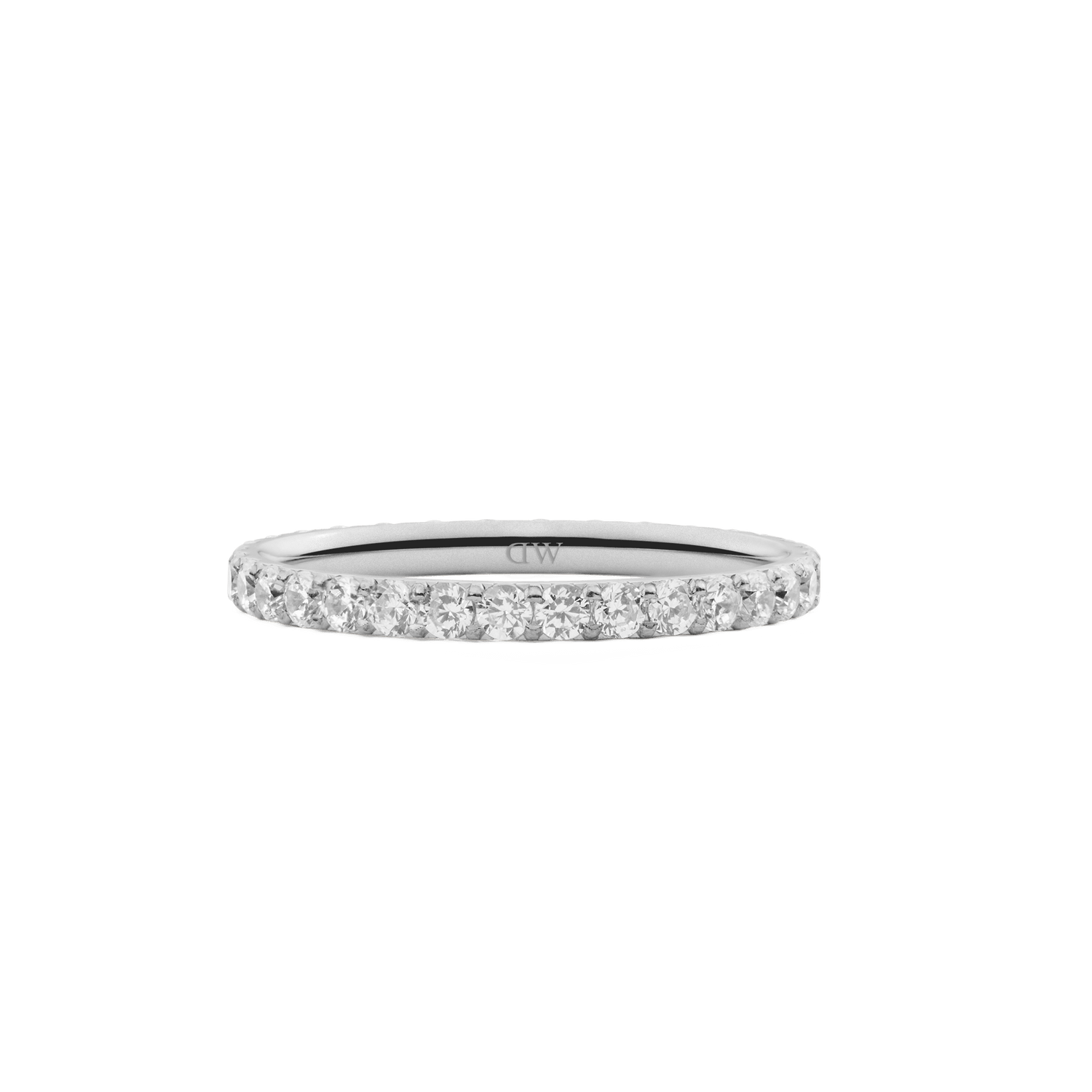 Mirelle Eternity Ring Silver 2 mm featuring a slim polished silver band set with a continuous row of sparkling white cubic zirconia crystals, designed for a refined and minimalist look.