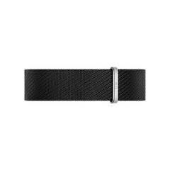 Black NATO watch strap crafted from recycled nylon with a polished silver buckle, featuring a premium twill weave for added durability and comfort.