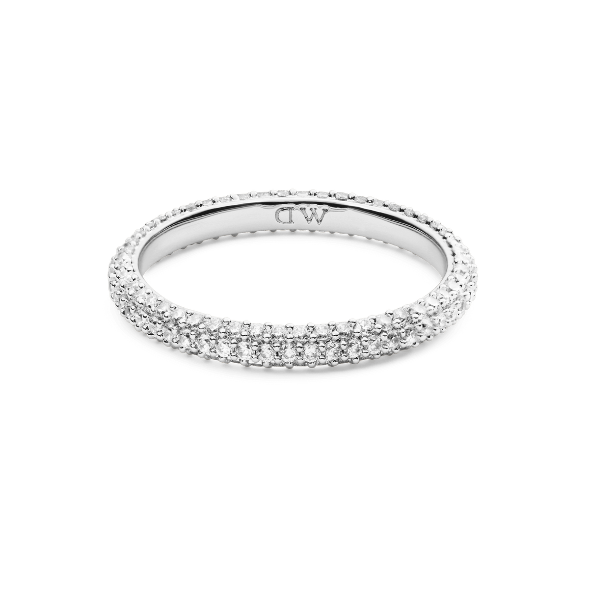 Elegant Pavé Ring Silver 3 mm crafted from rhodium-plated brass, featuring three rows of closely set white cubic zirconia crystals and a polished finish with subtle DW engraving inside the band.