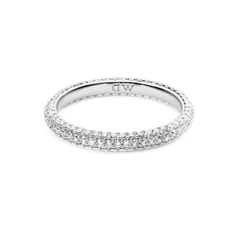 Elegant Pavé Ring Silver 3 mm crafted from rhodium-plated brass, featuring three rows of closely set white cubic zirconia crystals and a polished finish with subtle DW engraving inside the band.