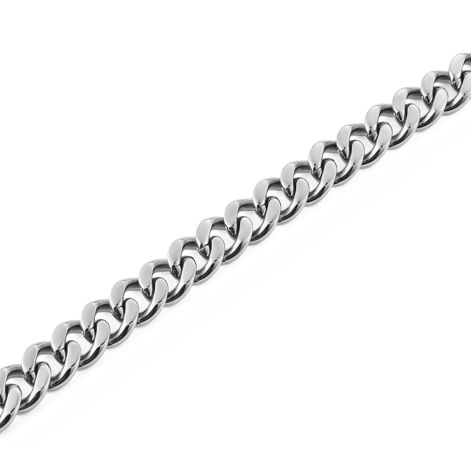 Close-up of the Ellipse Cuban Chain Necklace Silver, highlighting its bold, polished Cuban links and smooth, high-shine stainless steel finish.