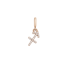 Sagittarius zodiac watch charm in rose gold, featuring the Sagittarius symbol detailed with sparkling cubic zirconia crystals on a polished stainless steel charm.
