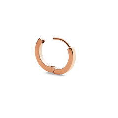 Rose gold hoop earring crafted from polished stainless steel with a minimalist design and secure clasp, shown open.