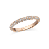 Slim rose gold pavé ring featuring three rows of sparkling white cubic zirconia crystals, set on a polished band with a subtle "DW" engraving on the inside. The elegant 3 mm profile offers a refined and contemporary look.