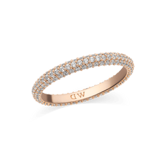 Slim rose gold pavé ring featuring three rows of sparkling white cubic zirconia crystals, set on a polished band with a subtle "DW" engraving on the inside. The elegant 3 mm profile offers a refined and contemporary look.