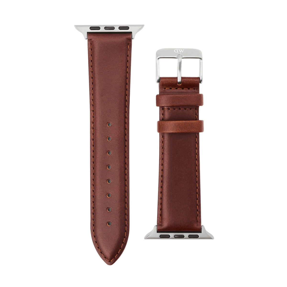 St Mawes Silver smartwatch leather strap in brown, featuring contrast stitching, a polished silver pin buckle, and stainless steel connectors designed to fit the Apple Watch Ultra.