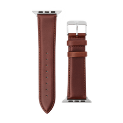 St Mawes Silver smartwatch leather strap in brown, featuring contrast stitching, a polished silver pin buckle, and stainless steel connectors designed to fit the Apple Watch Ultra.