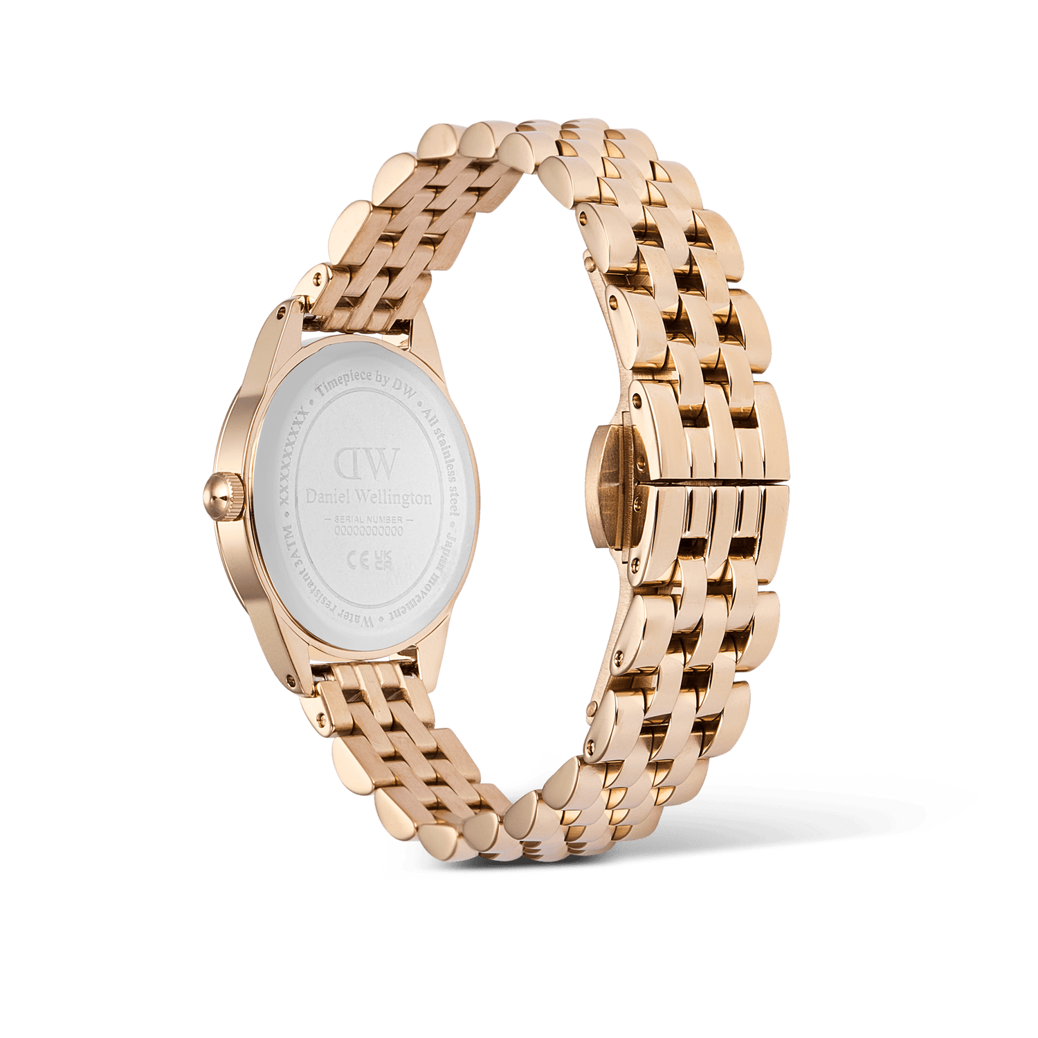 Ophelia Mini Rose Gold women’s watch shown from the back, highlighting the engraved stainless steel case and polished rose gold beans link bracelet with a butterfly clasp.