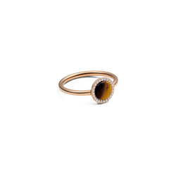 Audrey Ring Tiger Eye Rose Gold featuring a domed tiger eye stone with a cubic zirconia halo on a slender rose gold band.