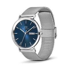 Daniel Wellington Classic Day Display Sterling Arctic watch with a textured blue dial, silver stainless steel mesh strap, and day-date display, shown at an angle highlighting its polished finish and modern design.