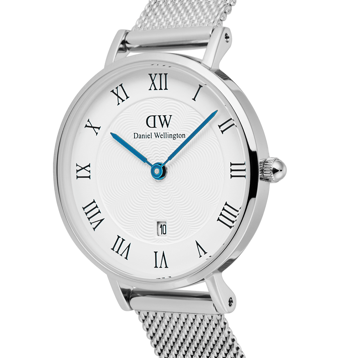 Close-up of the Petite Roman Numerals Date Silver watch, highlighting the white guilloché dial with black Roman numerals, blue hands, date window at six o’clock, and a refined stainless steel mesh strap.