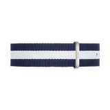 Classic Daniel Wellington Glasgow Strap Silver featuring navy and white stripes in durable polyester, finished with a polished silver buckle for a refined, nautical-inspired look.