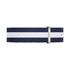 Classic Daniel Wellington Glasgow Strap Silver featuring navy and white stripes in durable polyester, finished with a polished silver buckle for a refined, nautical-inspired look.