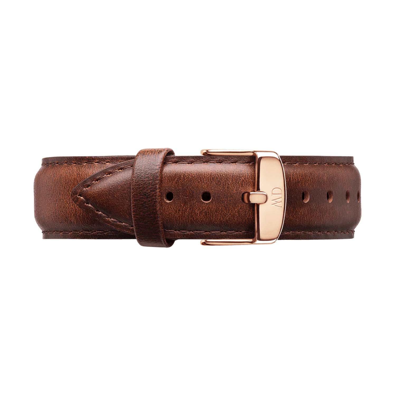 St Mawes XL Strap Rose Gold in rich light brown leather, featuring detailed stitching and a polished rose gold buckle engraved with the Daniel Wellington logo. The strap’s elegant finish and adjustable design offer a refined upgrade for any watch.