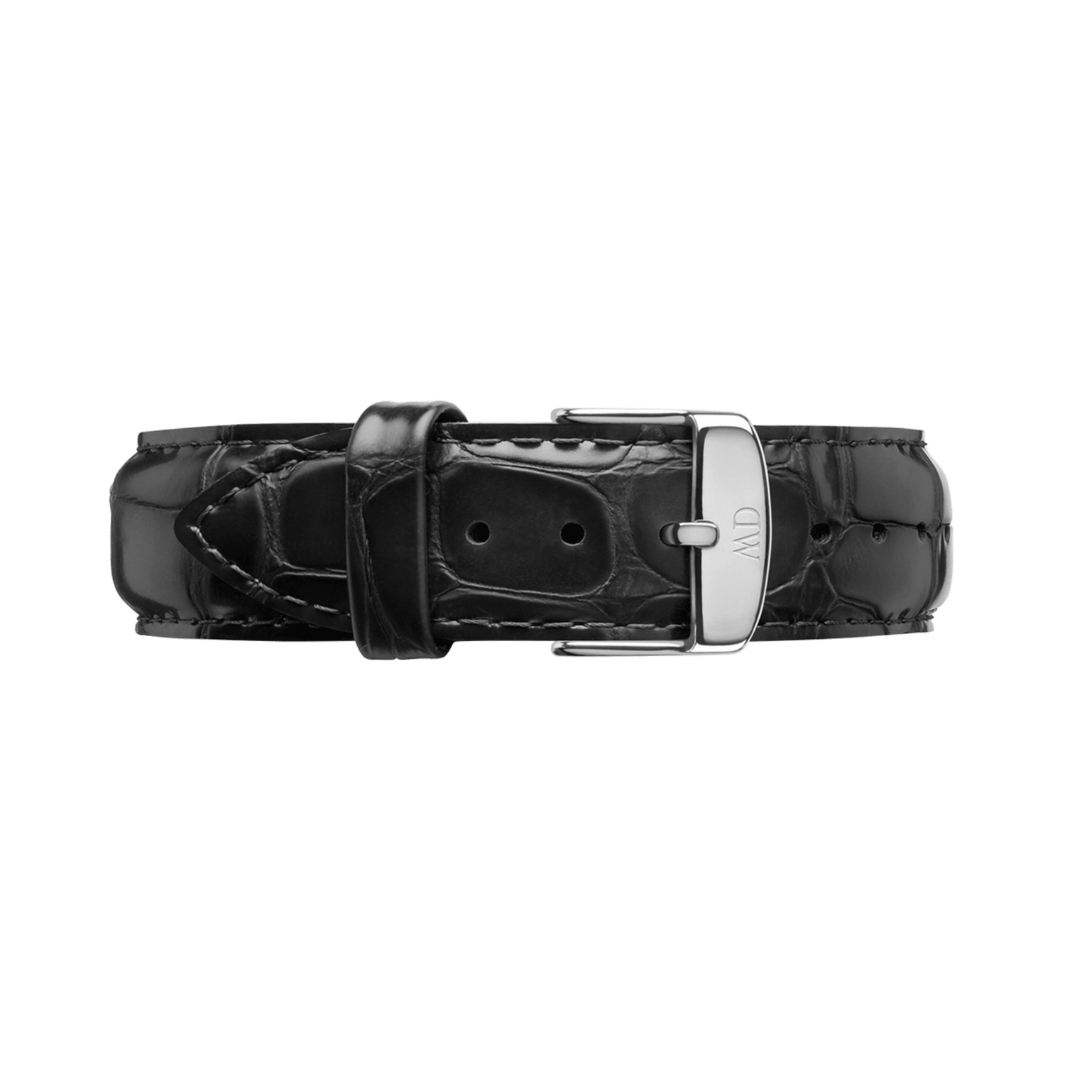 Black croc embossed leather watch strap with a polished silver buckle engraved with subtle branding, showcasing a refined texture and classic design.