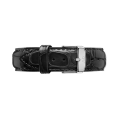 Black croc embossed leather watch strap with a polished silver buckle engraved with subtle branding, showcasing a refined texture and classic design.