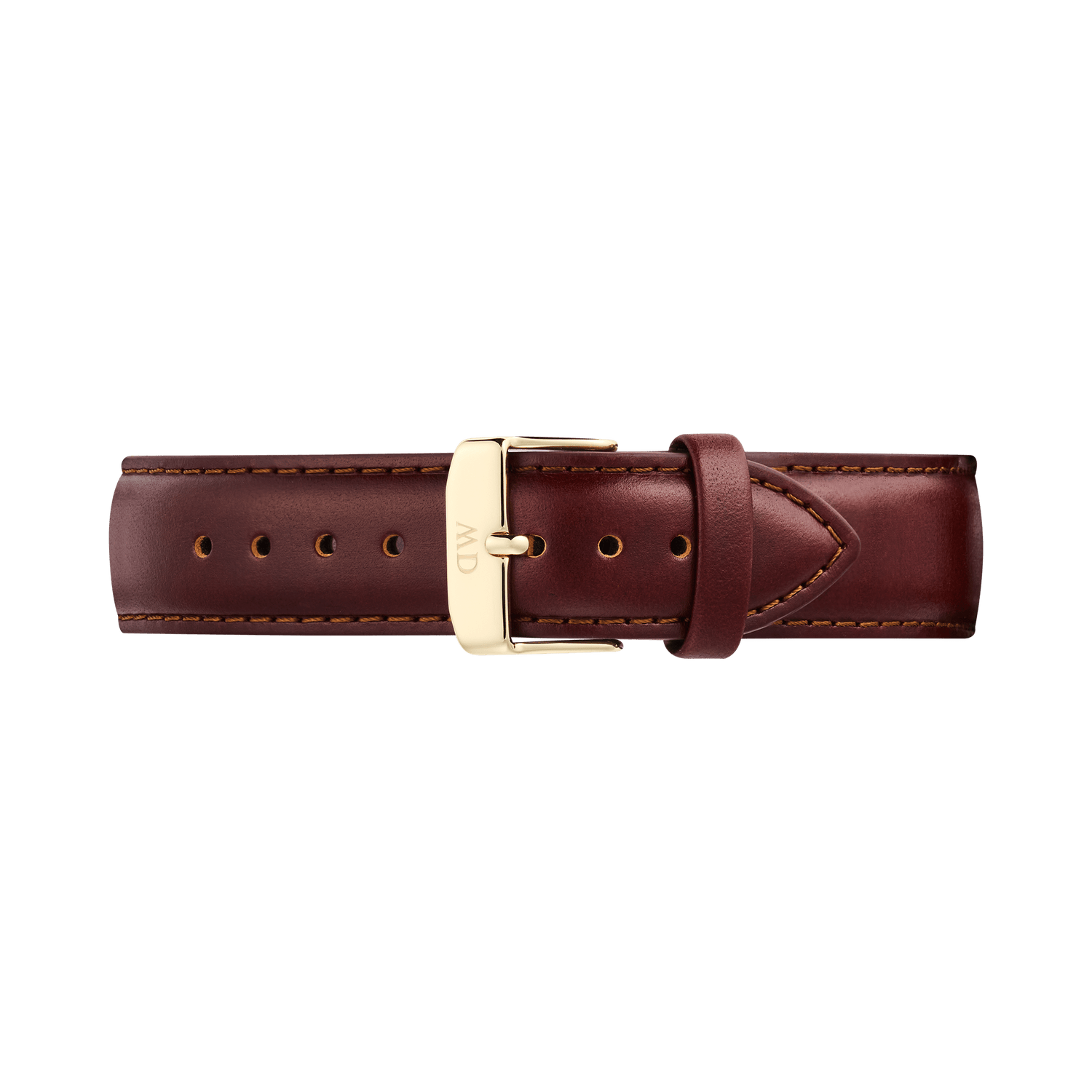 Brown leather watch strap with a tapered silhouette, featuring contrast stitching and a polished gold pin buckle engraved with the Daniel Wellington logo. The strap showcases a smooth finish and quick-release connector for easy attachment.
