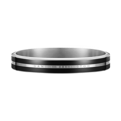 Polished silver bangle with two black enamel ribbons and subtle Daniel Wellington engraving, showcasing a modern and minimalist design.