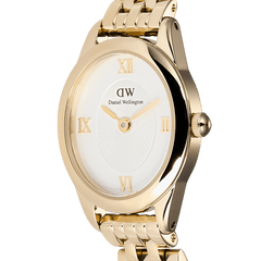 Ophelia Mini Gold watch close-up showing oval gold case, sunray dial, gold Roman numerals, and polished five-link bracelet.