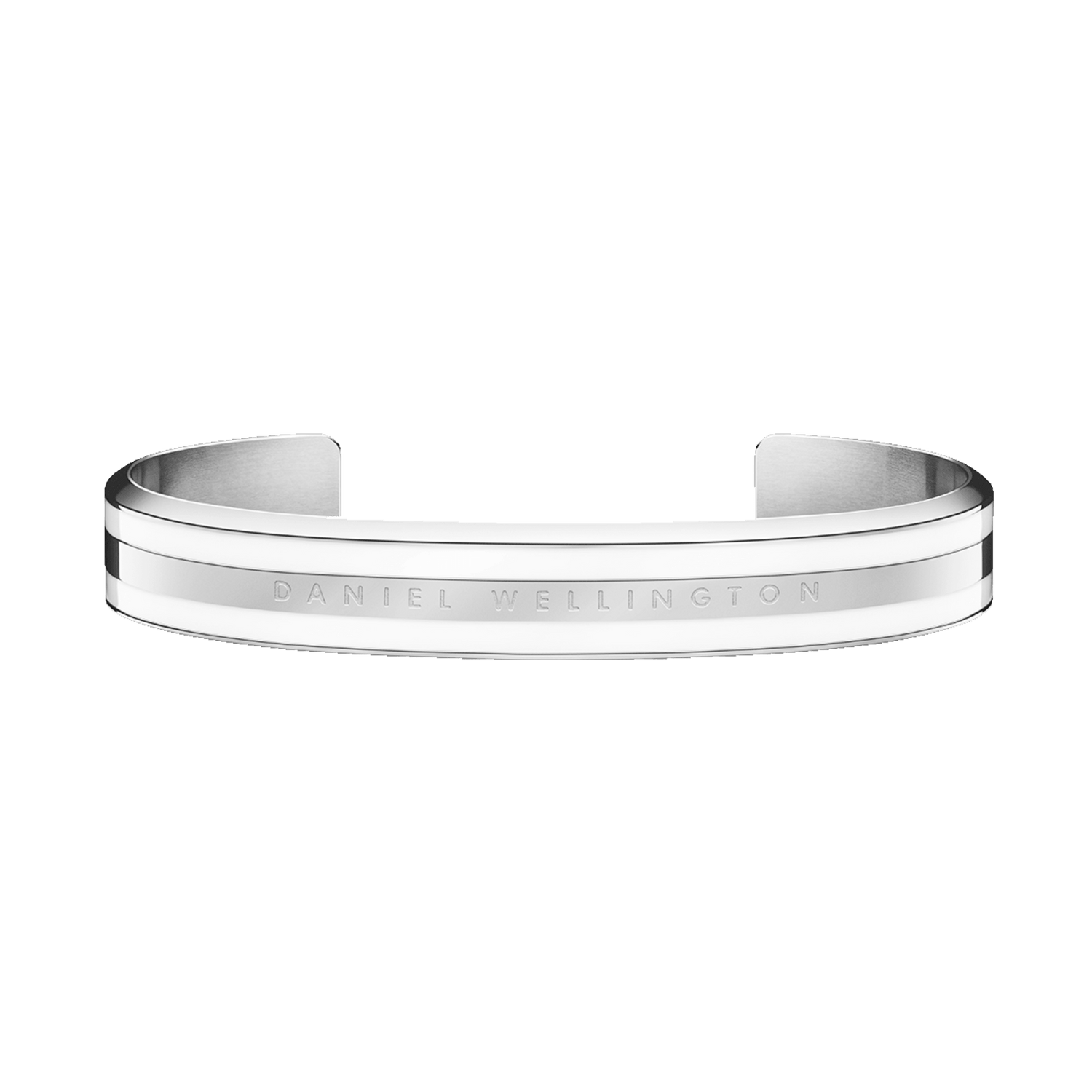 Polished silver-tone Daniel Wellington Emalie Bracelet with smooth satin white enamel and engraved logo, shown as an open cuff.