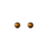 Tiger eye stud earrings with golden-brown stones, silver-tone setting, and cubic zirconia halo detailing.