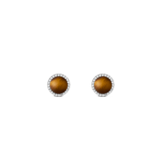 Tiger eye stud earrings with golden-brown stones, silver-tone setting, and cubic zirconia halo detailing.