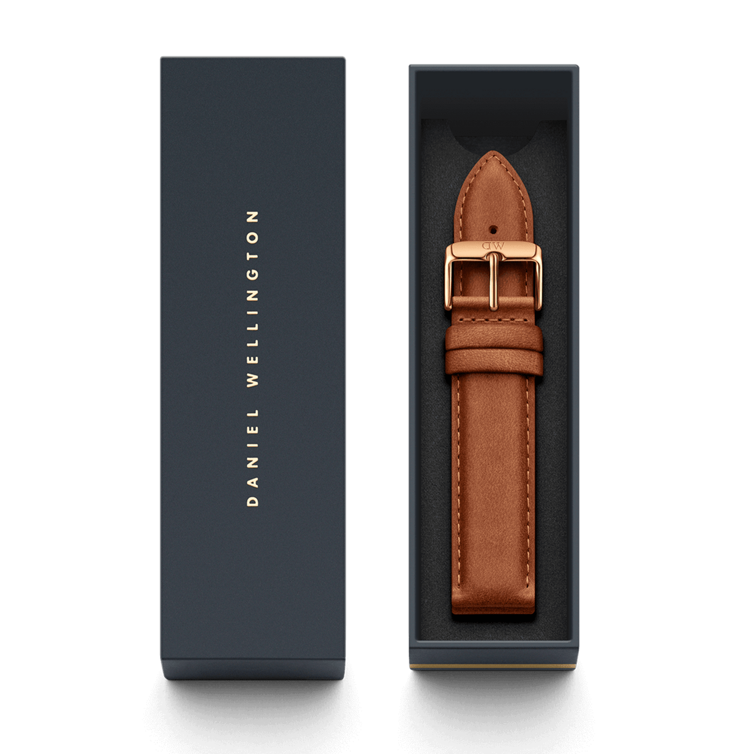 Durham Strap Rose Gold presented in a sleek Daniel Wellington box, featuring light brown genuine leather with a vintage finish and a polished rose gold buckle.