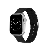 Silver Apple Watch with a black recycled polyester NATO strap and silver hardware, featuring a minimalist analogue watch face.