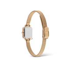 Rear view of the Quadro Mini Crystal Zodiac Evergold watch, showing the engraved case back and adjustable gold mesh strap with a secure clasp.