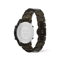 Rear view of the Daniel Wellington Retro Digital Dark Grey watch showing the engraved stainless steel case back and dark grey link strap.