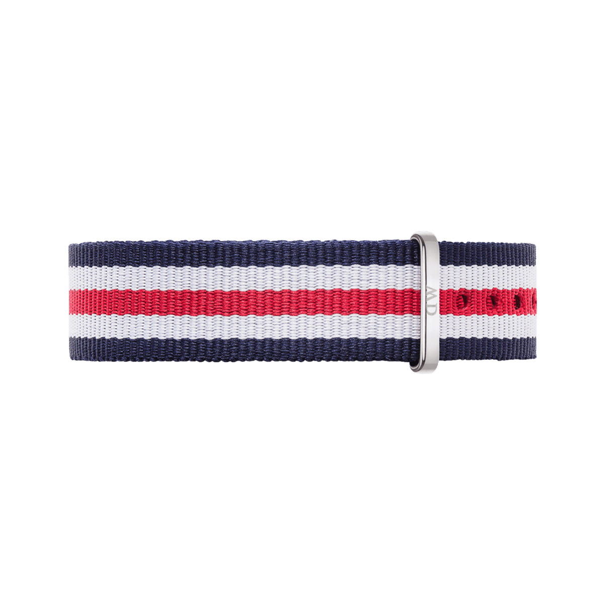 Daniel Wellington Canterbury Strap Silver featuring navy, white, and red stripes with a polished silver buckle, crafted from durable polyester for a classic and versatile watch upgrade.