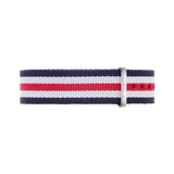 Daniel Wellington Canterbury Strap Silver featuring navy, white, and red stripes with a polished silver buckle, crafted from durable polyester for a classic and versatile watch upgrade.
