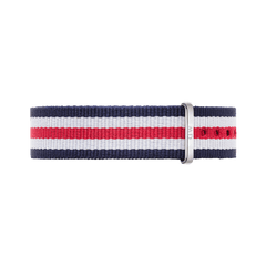 Daniel Wellington Canterbury Strap Silver featuring navy, white, and red stripes with a polished silver buckle, crafted from durable polyester for a classic and versatile watch upgrade.