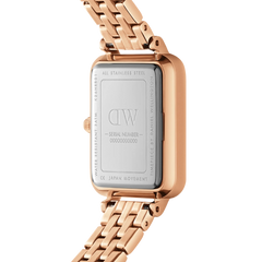Back view of the Quadro Lumine Bezel 5-Link Melrose watch, showing the stainless steel caseback with engraved branding, water resistance details, and rose gold 5-link bracelet.