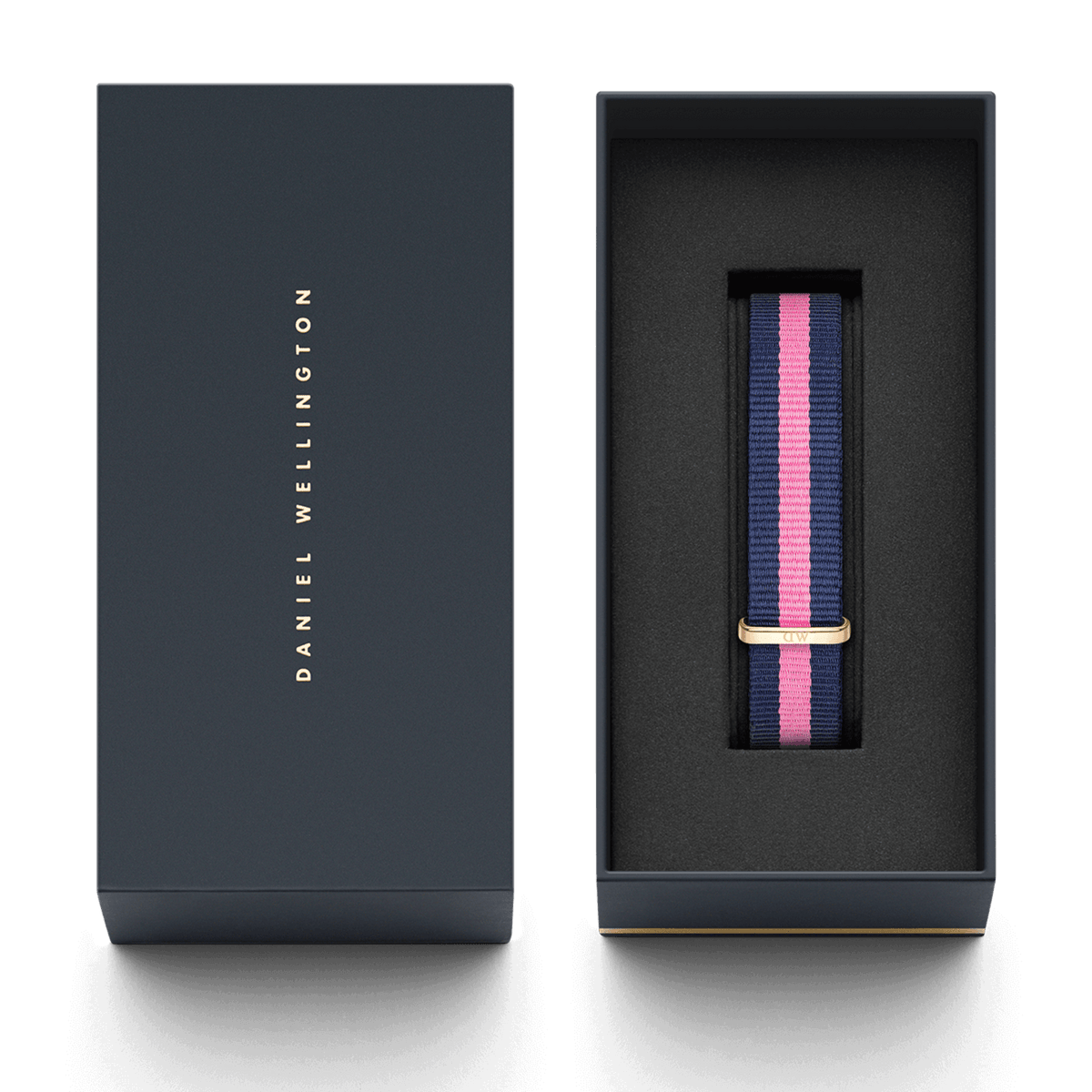 Winchester Strap Rose Gold by Daniel Wellington, featuring navy blue and pink stripes with a rose gold buckle, elegantly presented in a dark gift box.
