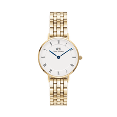 Petite gold women’s watch with 5-link bracelet, white Roman numeral dial, and blue hands by Daniel Wellington.