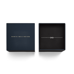 Mirelle Infinity Bracelet Silver presented in an elegant Daniel Wellington gift box, featuring a delicate silver chain and a central infinity symbol set with sparkling cubic zirconia.
