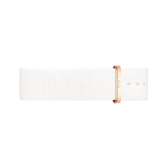 High-quality white polyester nato watch strap with an adjustable rose gold buckle, offering a sleek and elegant upgrade for Daniel Wellington watches.