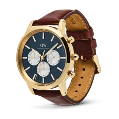 Daniel Wellington Iconic Chronograph St Mawes Arctic Panda Gold watch with a blue dial, three white sub-dials, gold stainless steel case, and a brown genuine leather strap with pin buckle.