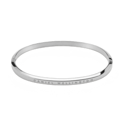 Daniel Wellington Classic Bangle Silver with a polished stainless steel finish, featuring a slim, minimalist design and subtle engraved branding along the outer edge.