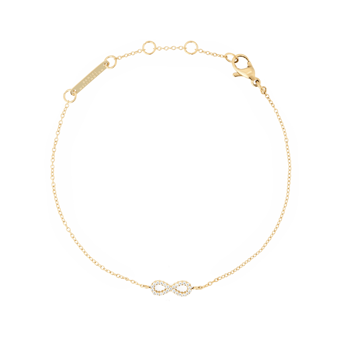 Delicate gold chain bracelet featuring a minimalist infinity symbol set with white cubic zirconia crystals, crafted from 316L stainless steel with a PVD gold finish and an adjustable clasp for a tailored fit.