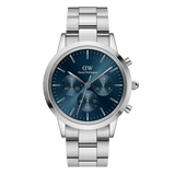Silver Daniel Wellington chronograph watch featuring a blue sunray dial with three sub-dials, minimalist hour markers, and a polished stainless steel link bracelet.