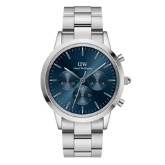 Silver Daniel Wellington chronograph watch featuring a blue sunray dial with three sub-dials, minimalist hour markers, and a polished stainless steel link bracelet.